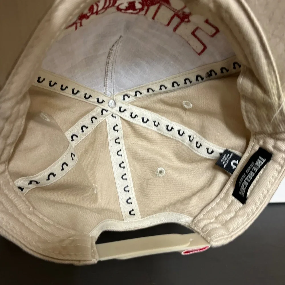 True Religion Men Tan Khaki Buddha Logo Snapback Baseball Hat Monogram Horseshoe